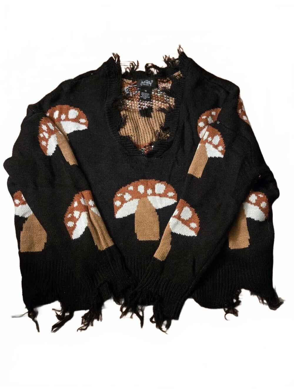Cottagecore Goblincore Grunge Knit Sweater with Brown and White Mushroom Pattern